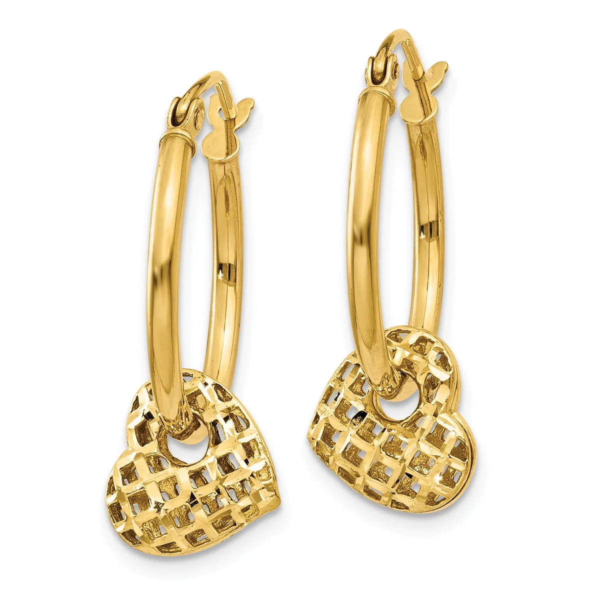 Pair of gold hoop earrings with textured heart-shaped charms hanging from polished circular hoops.