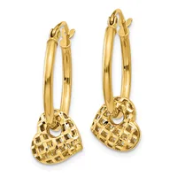 Pair of gold hoop earrings with textured heart-shaped charms hanging from polished circular hoops.