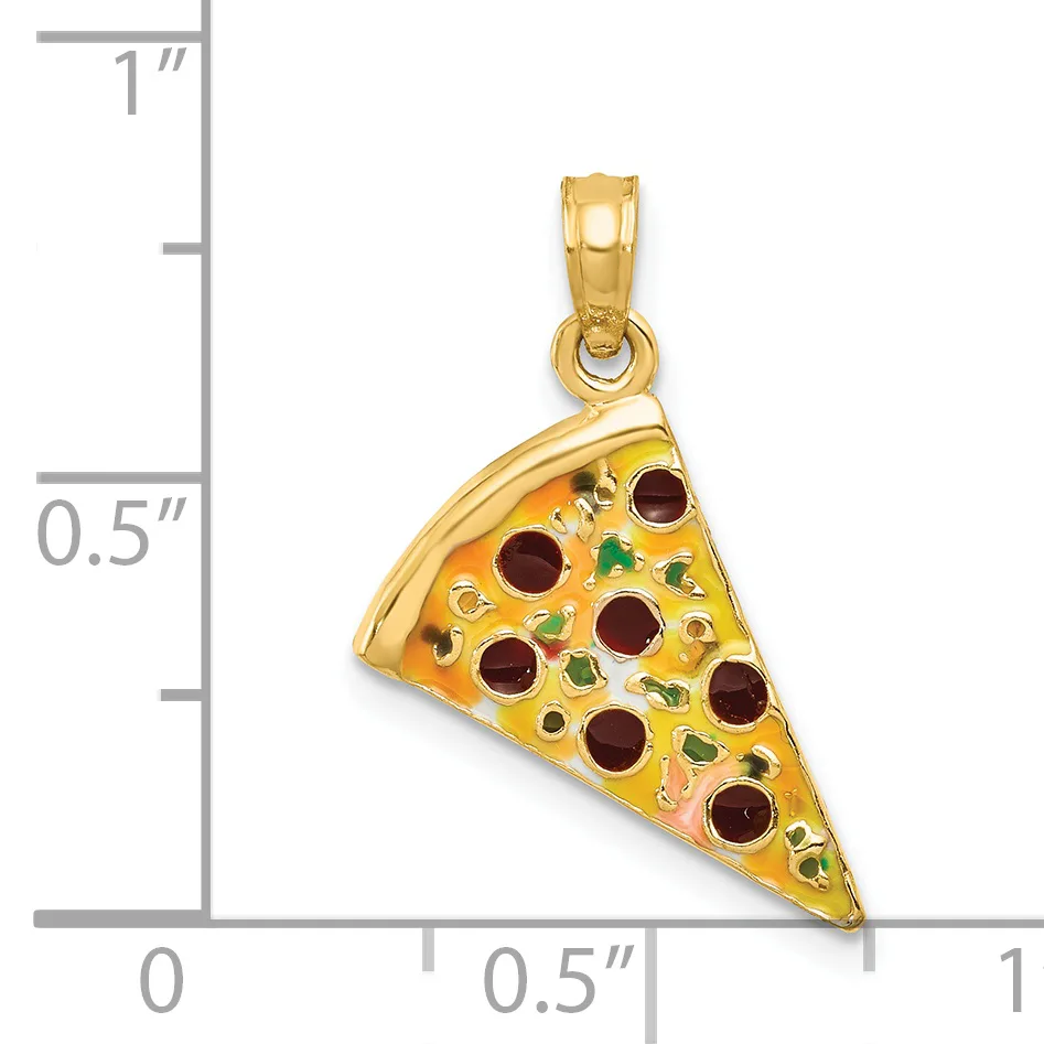 Gold pizza slice pendant with red and green enamel toppings and garnet cabochons, shown against a measurement scale.