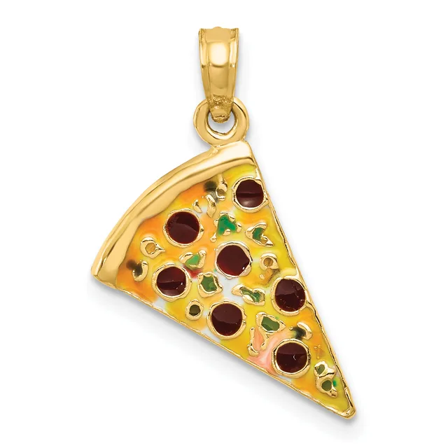 Gold pizza slice pendant with red gemstones and green enamel detailing, shown hanging from a gold bail against a white background.