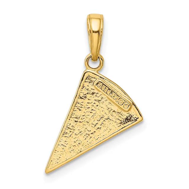 A gold triangular pendant with a textured surface and small stamped hallmark, suspended from a gold bail.