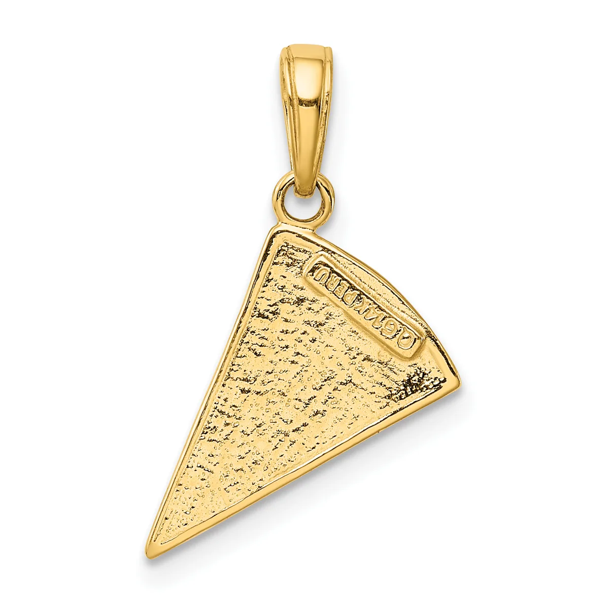 A gold triangular pendant with a textured surface and small stamped hallmark, suspended from a gold bail.