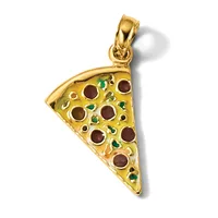 Gold pizza slice pendant with red and green gemstone toppings and a gold bail, shown against a white background.