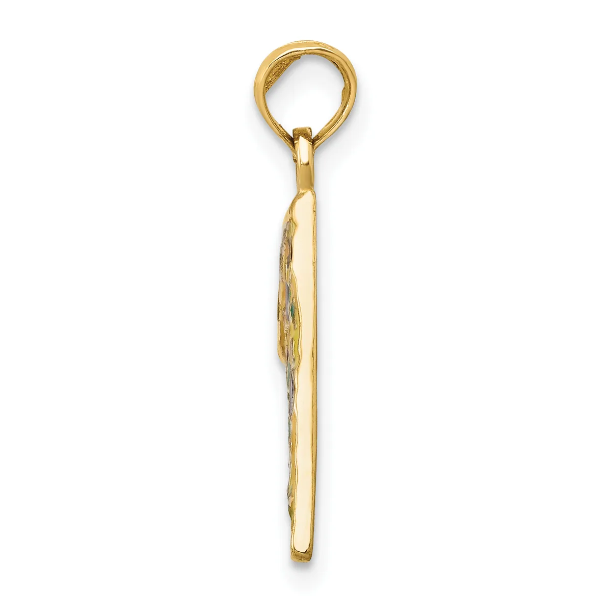 A gold-colored elongated pendant with a textured surface and a circular loop at the top, shown against a white background.