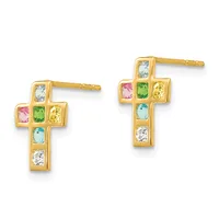 Pair of gold cross-shaped stud earrings set with colorful gemstones including aquamarine, pink tourmaline, peridot, yellow sapphire, and clear crystals.