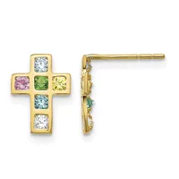 Gold cross stud earrings set with colorful square gemstones in clear, pink, green, yellow, and blue arranged vertically along the cross, shown from front and side views.