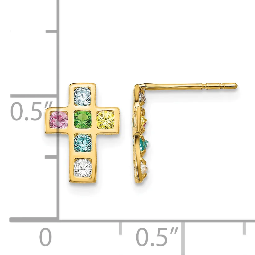 Pair of gold cross earrings set with multicolored square gemstones in blue, pink, green, and yellow, shown front and side view with a measurement scale.