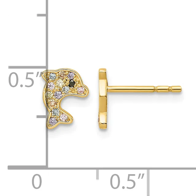 Gold dolphin stud earrings with diamond and pink gemstone accents, shown from front and back views with measurement scale.