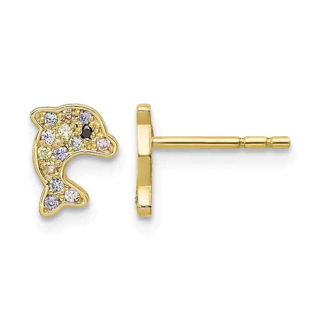 Gold dolphin stud earrings with crystal and colored stone inlays, shown from front and side views.