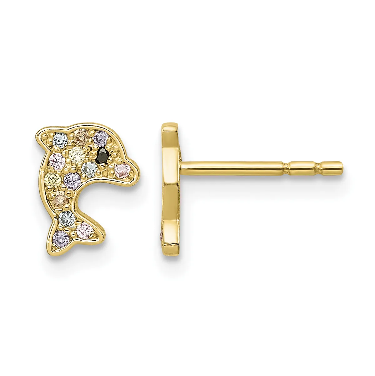Gold dolphin stud earrings with crystal and colored stone inlays, shown from front and side views.