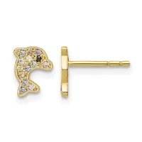 Gold dolphin stud earrings with crystal and colored stone inlays, shown from front and side views.