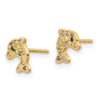 A pair of gold seahorse-shaped stud earrings with yellow and pink diamond pavé settings, shown from the front against a white background.