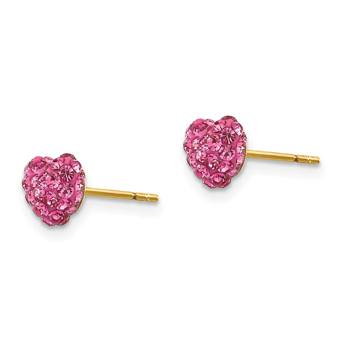 A pair of pink crystal heart-shaped stud earrings with gold-tone posts and backs, displayed side by side.