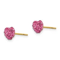 A pair of pink crystal heart-shaped stud earrings with gold-tone posts and backs, displayed side by side.