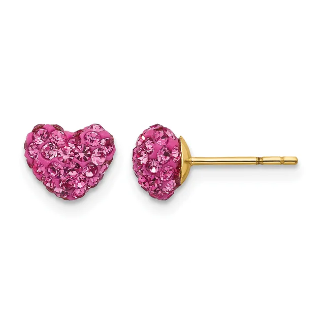 A pair of pink crystal heart-shaped stud earrings on gold posts, shown from the front and side view.