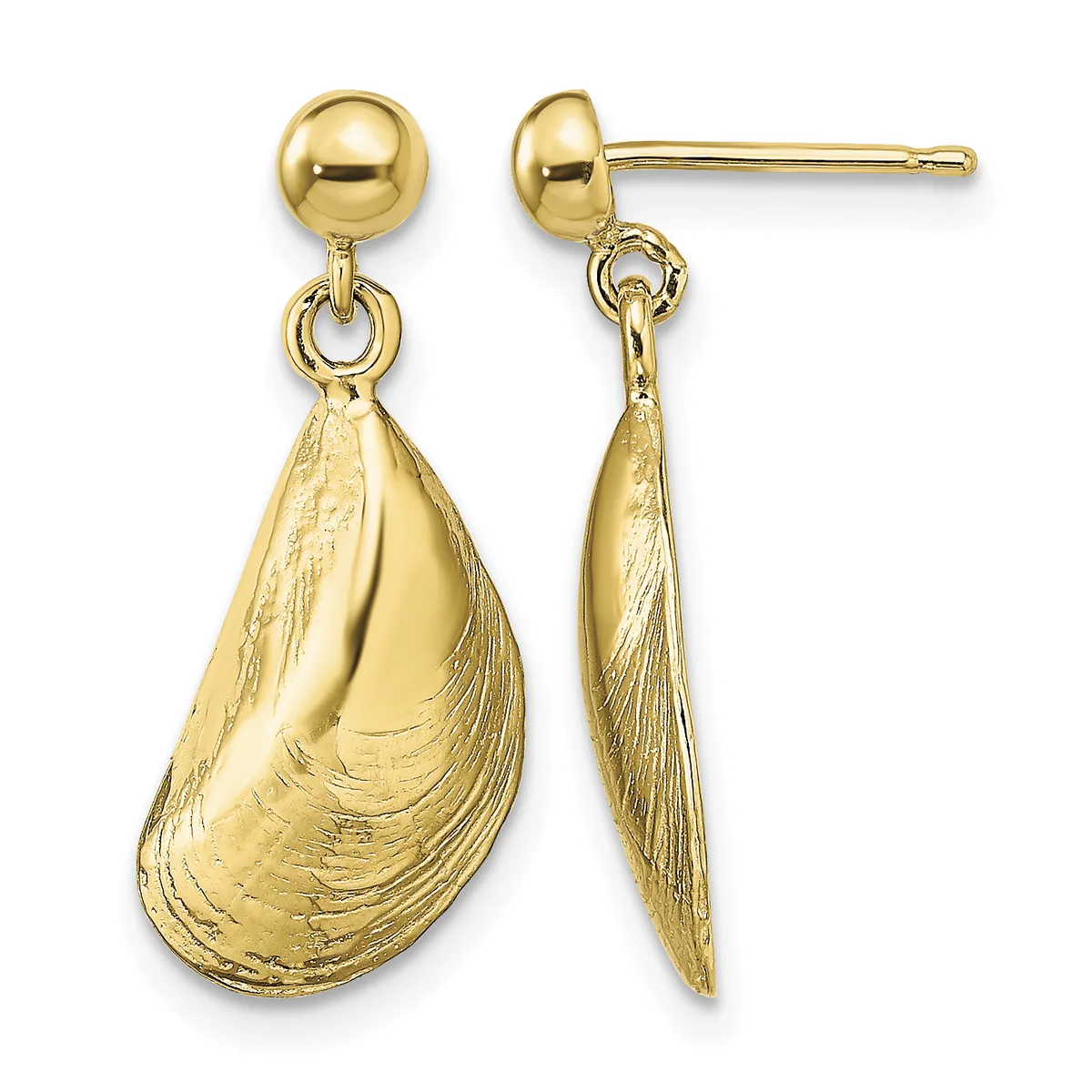 Pair of gold dangle earrings with polished ball studs and textured mussel shell-shaped pendants suspended from small rings.