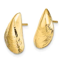 A pair of gold teardrop-shaped stud earrings with a textured, hammered surface finish and posts.
