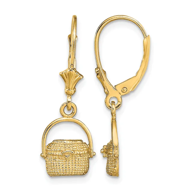 Pair of gold-toned lever-back earrings featuring small decorative baskets with woven texture and bail handles, shown from front and side views.