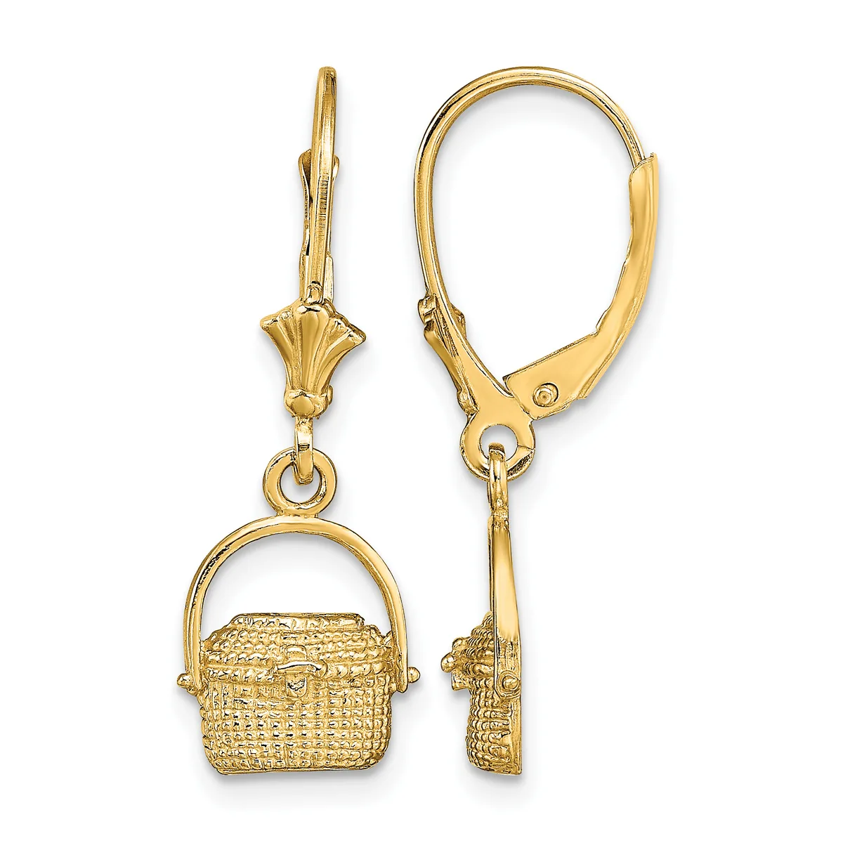 Pair of gold-toned lever-back earrings featuring small decorative baskets with woven texture and bail handles, shown from front and side views.