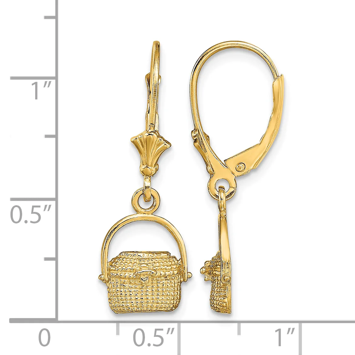 Pair of gold-toned basket-shaped dangle earrings with lever backs, shown on a ruler scale measuring approximately one inch in length.