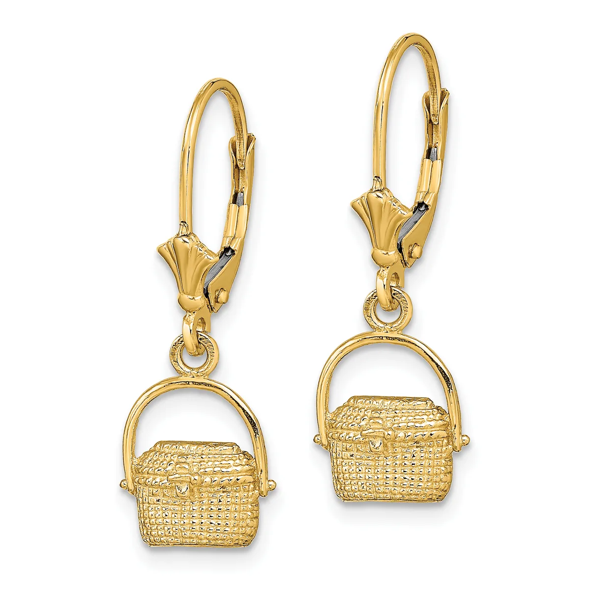Pair of gold lever-back earrings with textured basket-shaped charms hanging from polished gold loops.