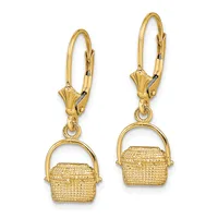 Pair of gold lever-back earrings with textured basket-shaped charms hanging from polished gold loops.