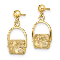 Pair of gold-colored dangling earrings with ball studs, connecting links, and textured basket-shaped pendants suspended from arched handles.