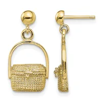 Pair of gold-toned dangle earrings featuring small spheres at the top and textured basket charms suspended from arched handles, shown from front and side views.