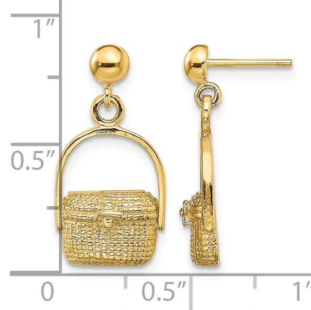 Gold-toned drop earrings with polished ball studs and woven basket charms suspended from curved handles, displayed against a measurement scale.