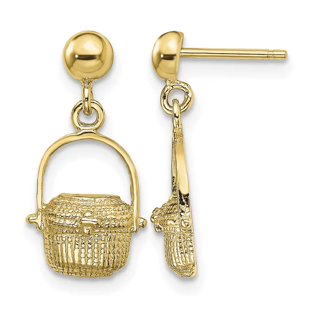 Pair of gold drop earrings with polished ball studs and dangling textured baskets with handles, shown from front and side views.