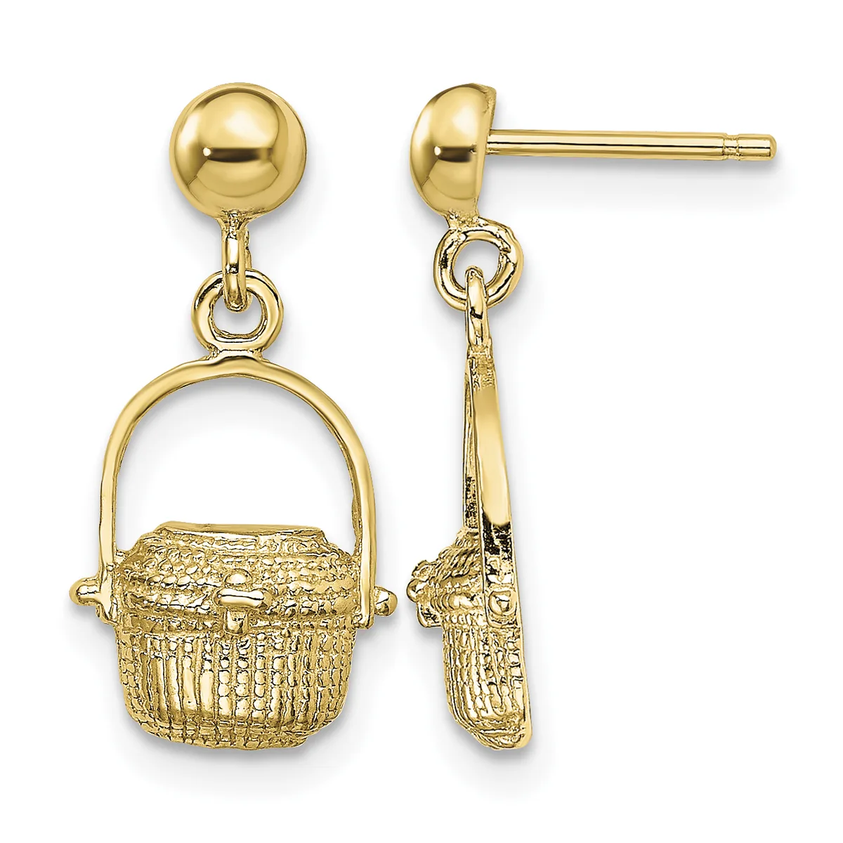 Pair of gold drop earrings with polished ball studs and dangling textured baskets with handles, shown from front and side views.