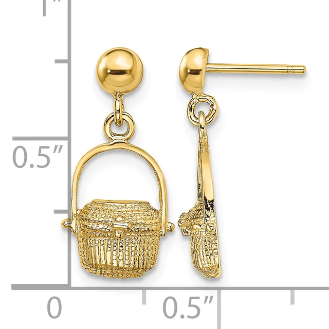 Pair of gold dangle earrings featuring small spheres on posts above basket-shaped pendants with textured surfaces, shown next to a measurement scale.