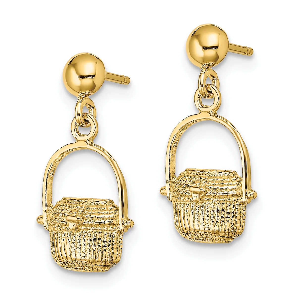 A pair of gold ball stud earrings with dangling woven basket charms hanging from small loops.