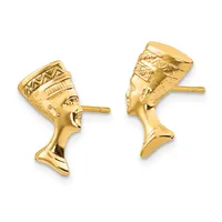 A pair of gold Egyptian pharaoh head stud earrings shown from front and side views, featuring detailed facial features and traditional headdresses with geometric patterns.