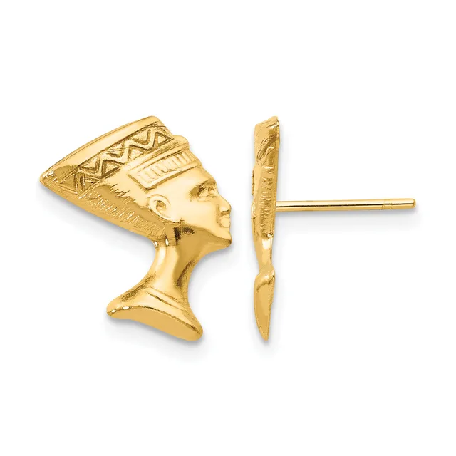 Gold-toned Nefertiti head stud earrings shown from front and side views, featuring detailed Egyptian headdress and facial features with post and clutch closures.