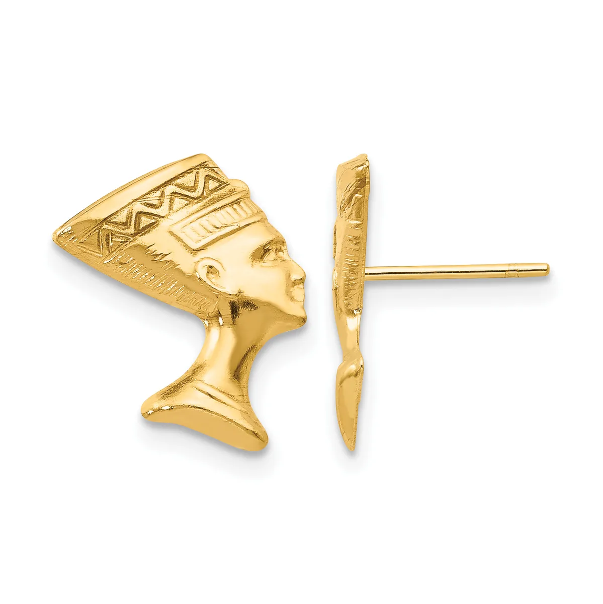 Gold-toned Nefertiti head stud earrings shown from front and side views, featuring detailed Egyptian headdress and facial features with post and clutch closures.