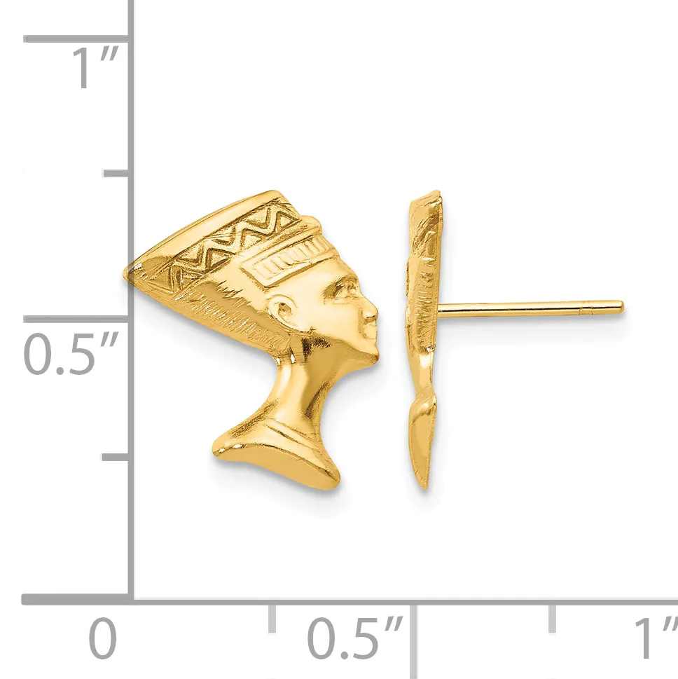 Gold-colored stud earrings shaped like Egyptian pharaoh head profiles with decorative headdress, shown next to a measurement scale indicating approximately half-inch height.