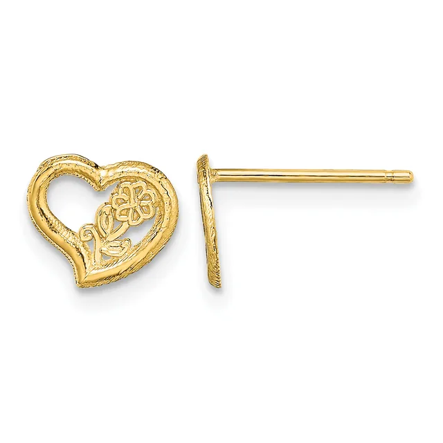 Pair of gold heart-shaped stud earrings with decorative floral design, shown from front and side view.