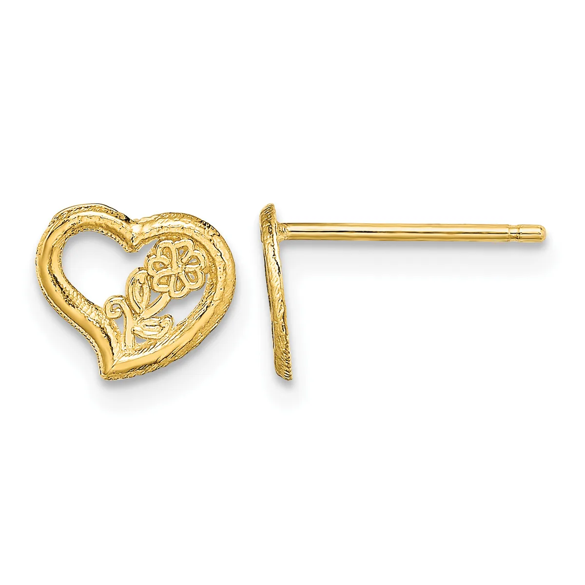 Pair of gold heart-shaped stud earrings with decorative floral design, shown from front and side view.