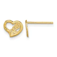 Pair of gold heart-shaped stud earrings with decorative floral design, shown from front and side view.
