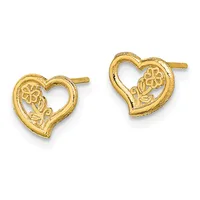 Pair of gold heart-shaped stud earrings with decorative floral engravings and posts, shown from the front.