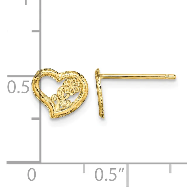Pair of gold heart-shaped stud earrings with textured filigree detail, shown next to a measurement scale indicating approximately half an inch in height.