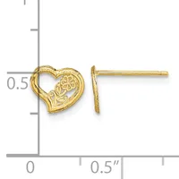 Pair of gold heart-shaped stud earrings with textured filigree detail, shown next to a measurement scale indicating approximately half an inch in height.