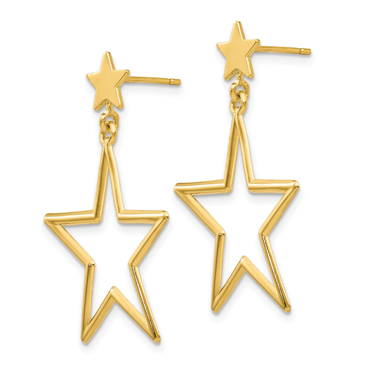 Pair of gold-toned star dangle earrings with small solid stars at the top connected by chains to larger open star outlines below.