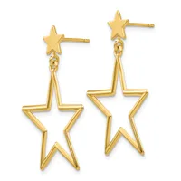 Pair of gold-toned star dangle earrings with small solid stars at the top connected by chains to larger open star outlines below.
