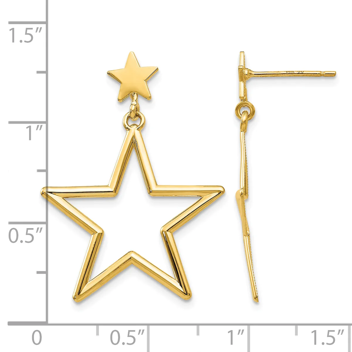 Gold-toned star dangle earrings with a small solid star post and larger hollow star outline below, shown front and side view against a measurement scale.