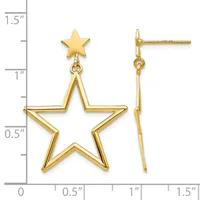 Gold-toned star dangle earrings with a small solid star post and larger hollow star outline below, shown front and side view against a measurement scale.