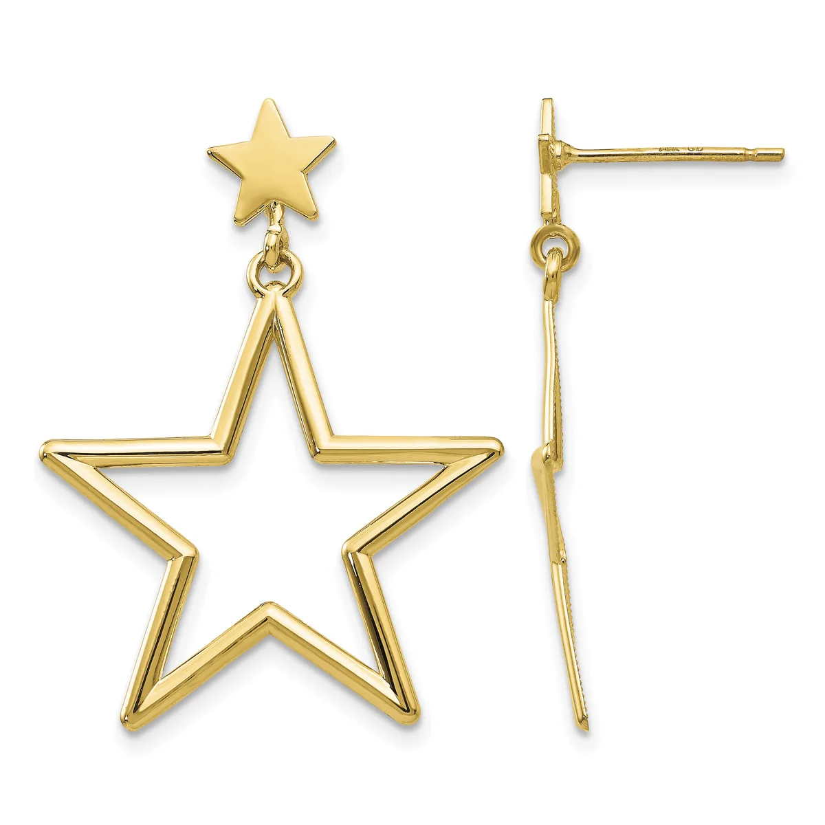 Gold star drop earrings with a small solid star at the top and a larger open star outline below, shown from front and side views.