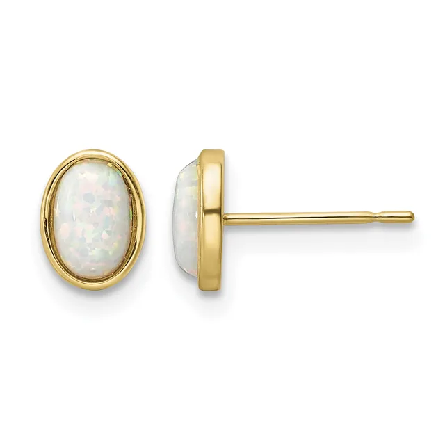 Pair of gold oval stud earrings with white opal cabochons set in bezel settings, shown from front and side views.