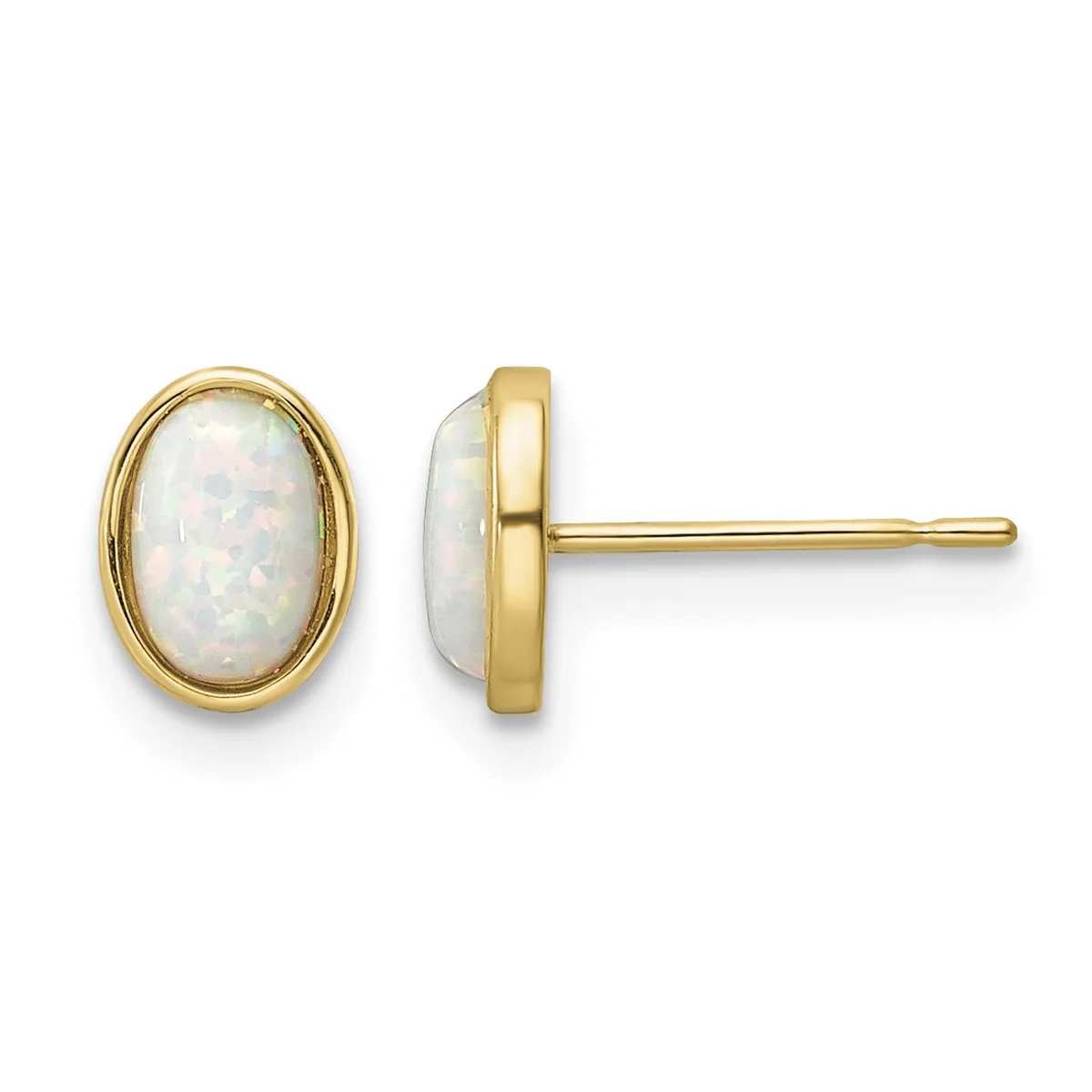 Pair of gold oval stud earrings with white opal cabochons set in bezel settings, shown from front and side views.